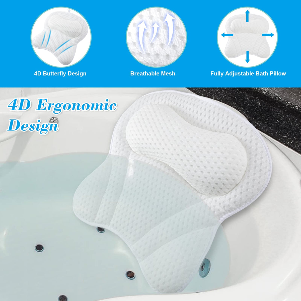 Bath Pillow 4D Ergonomic Bath Pillow Neck and Back Support Bath Cushion Air Mesh Technology Bath Headrest Pillow Bath Pillows with Strong Suction - image 4
