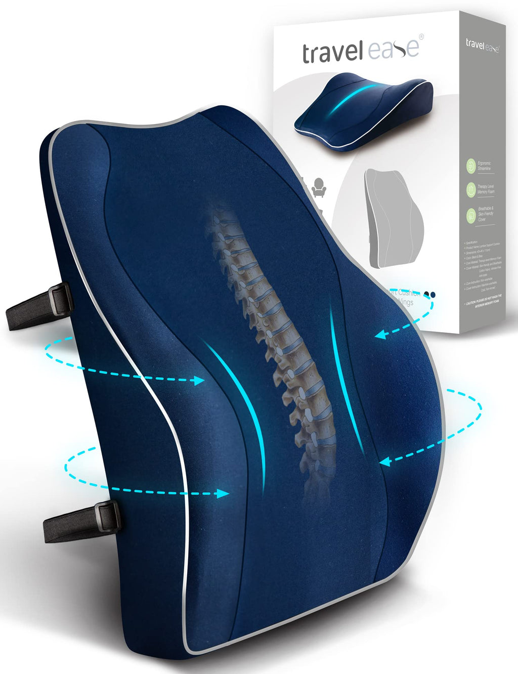 Travel Ease Memory Foam Lumbar Support Cushion for Office Chairs - Dark Blue