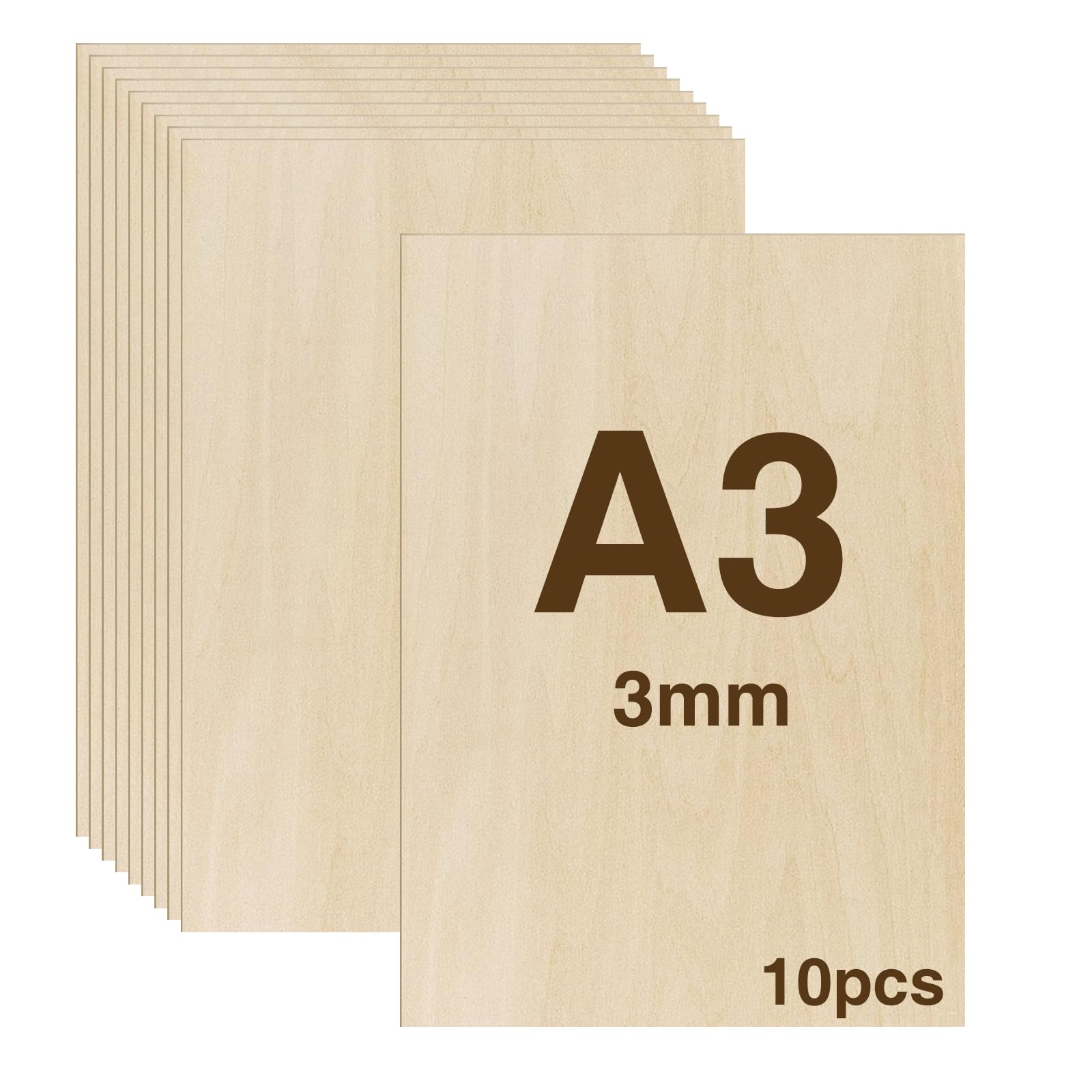 WISYOK 10pcs A3 Basswood Sheets – 3mm Unfinished Plywood for Laser Cutting