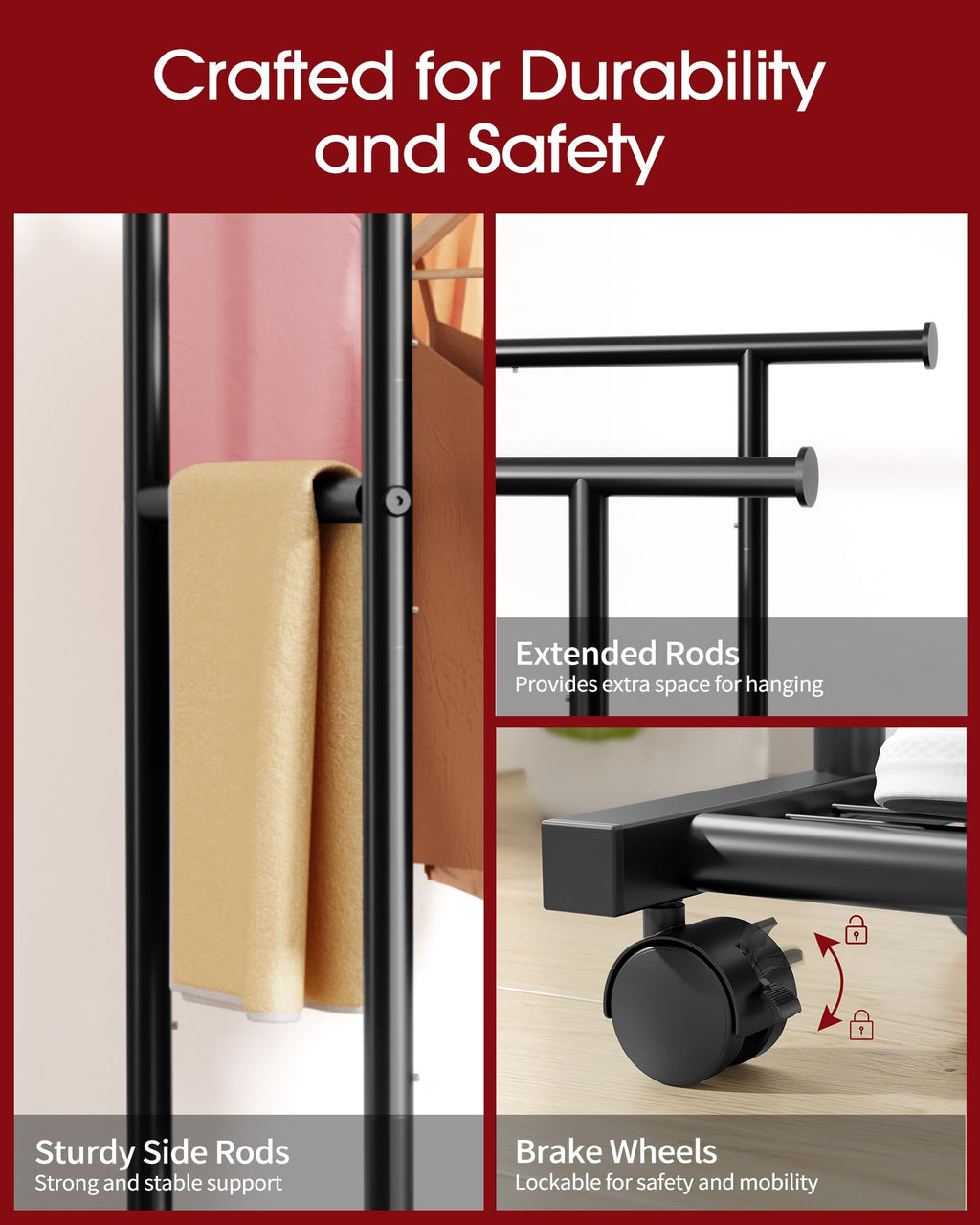 Sakugi Double Rod Clothing Rack with Shelf & Wheels, 98x42x150cm, Black - image 5