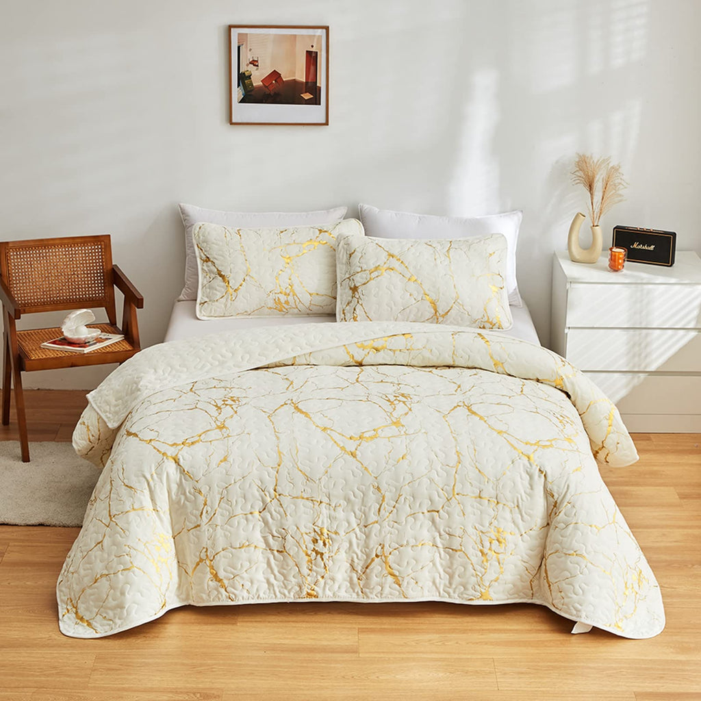 HAVOP King Size Bedspread Set | Gold Marble Printed Beige Microfiber Quilt
