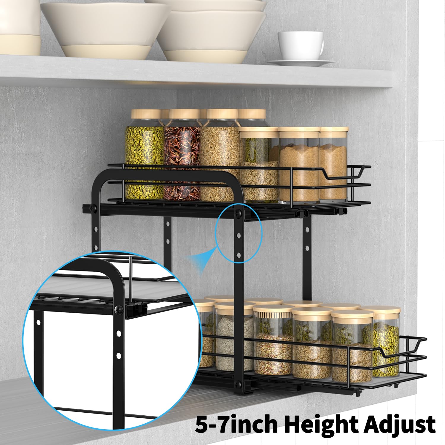 AIRUJIA Pull Out Spice Rack Organizer | 2-Tier Height Adjustable Metal