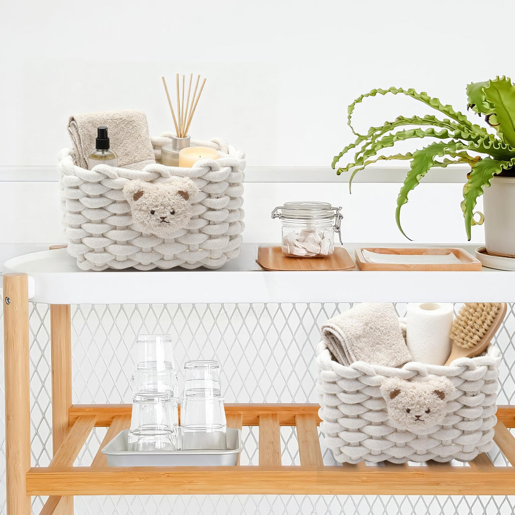 Woven Cotton Wicker Storage Basket with Bear Motif, White - Bathroom Organizer for Desk, Makeup Table, Cabinets, Bath, Kitchen White