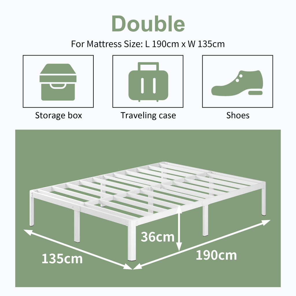 Lutown-Teen White Metal Double Bed Frame 4ft6 - Heavy Duty Steel Slats