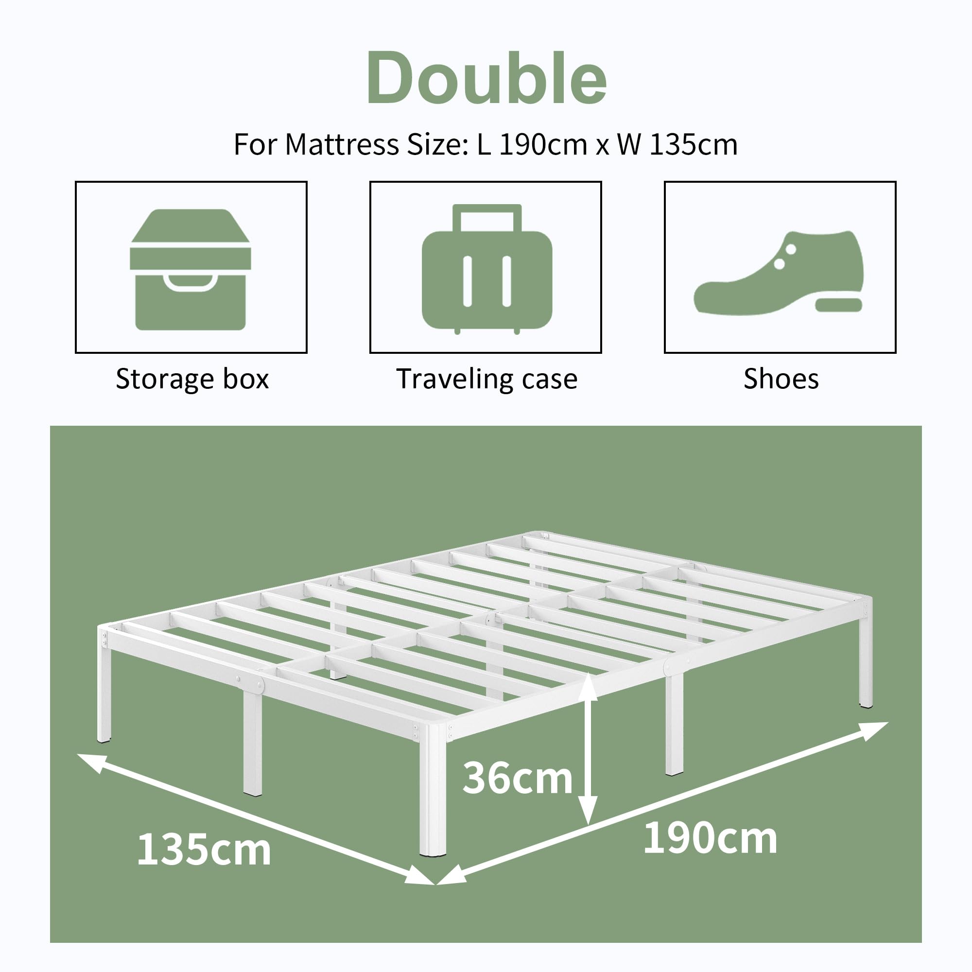 Lutown-Teen White Metal Double Bed Frame 4ft6 - Heavy Duty Steel Slats