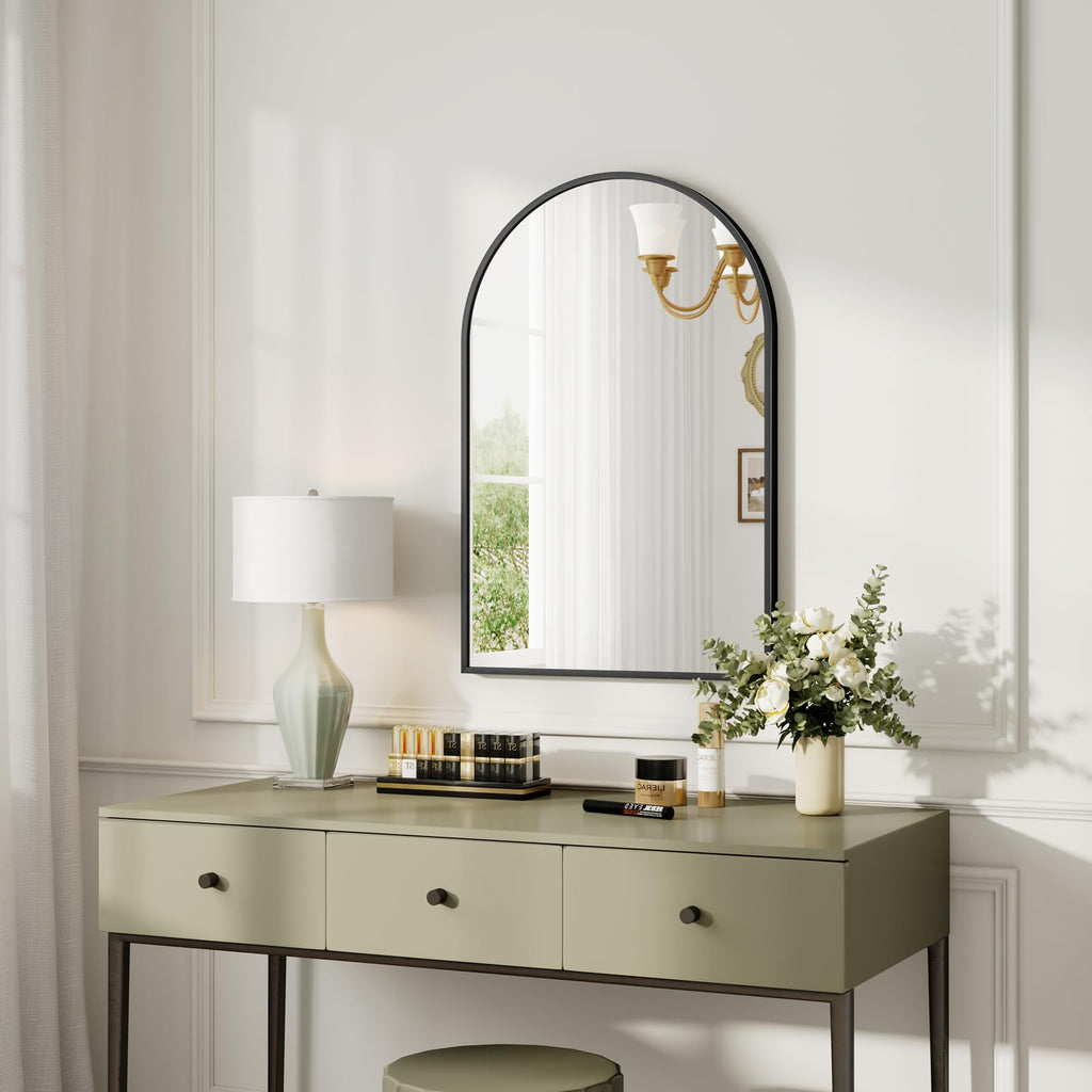 Dripex Arched Wall Mirror – 50x75cm Black Aluminum Frame for Bathroom