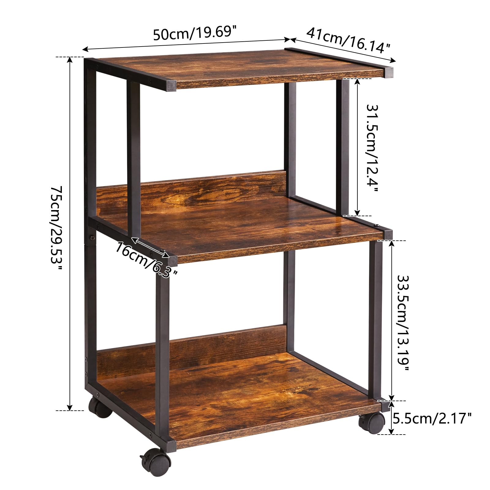 IBUYKE 3-Tier Printer Stand with Wheels | Rustic Wood Rolling Office Cart