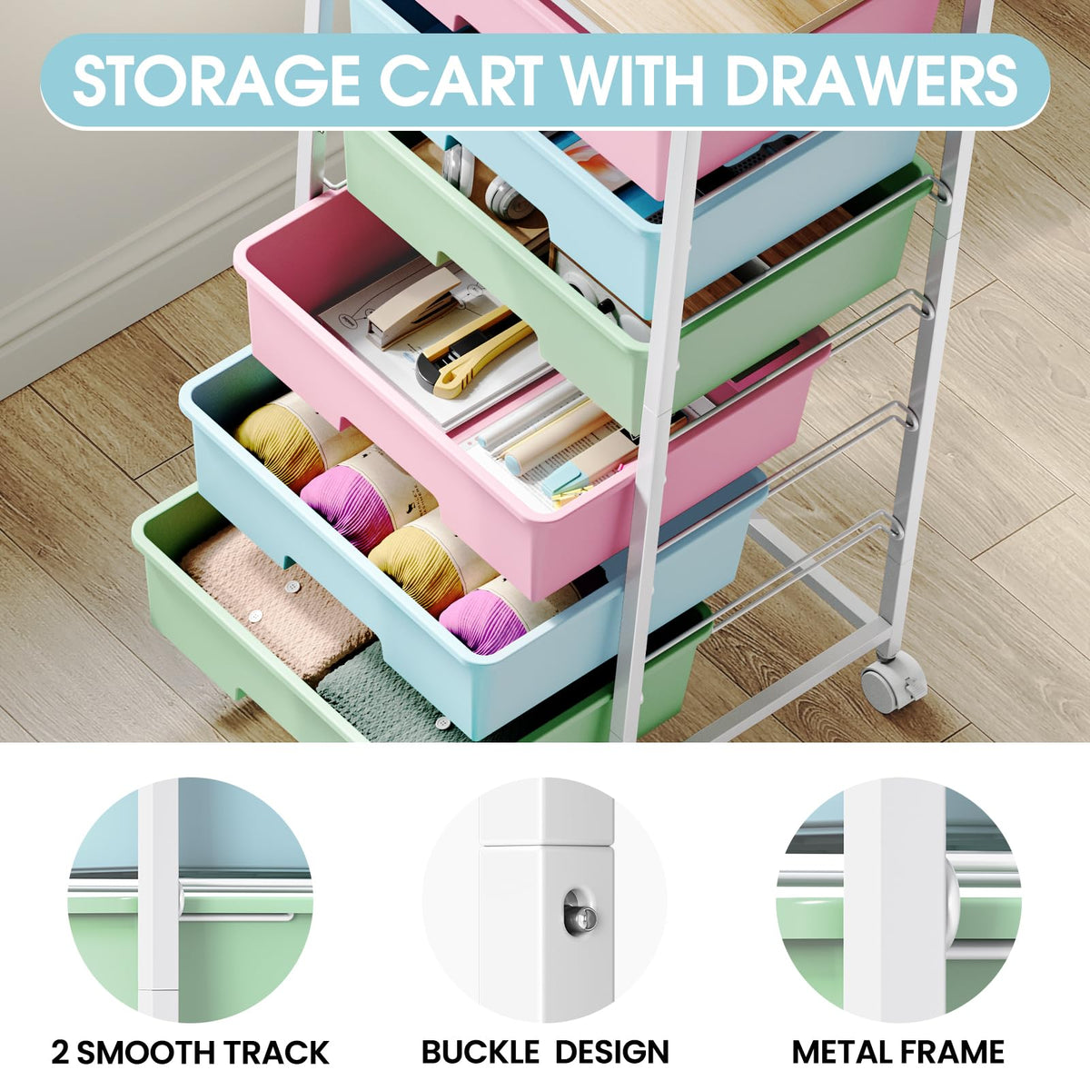 6-Drawer Craft Organizer Trolley Cart with Wooden Top - image 2