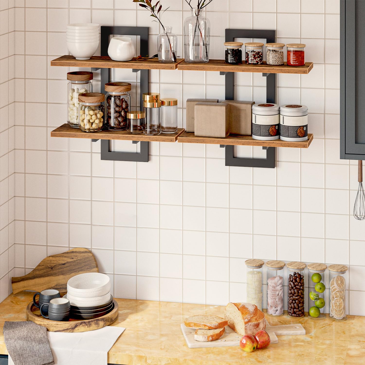 HOOBRO 2-Tier Floating Shelves Set | Greige & Black Wall Mounted Racks