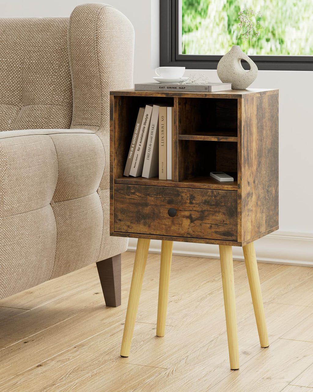 HEYZOEY Wooden Nightstand Mid-Century Modern Bedside Table, Rustic Brown - image 5