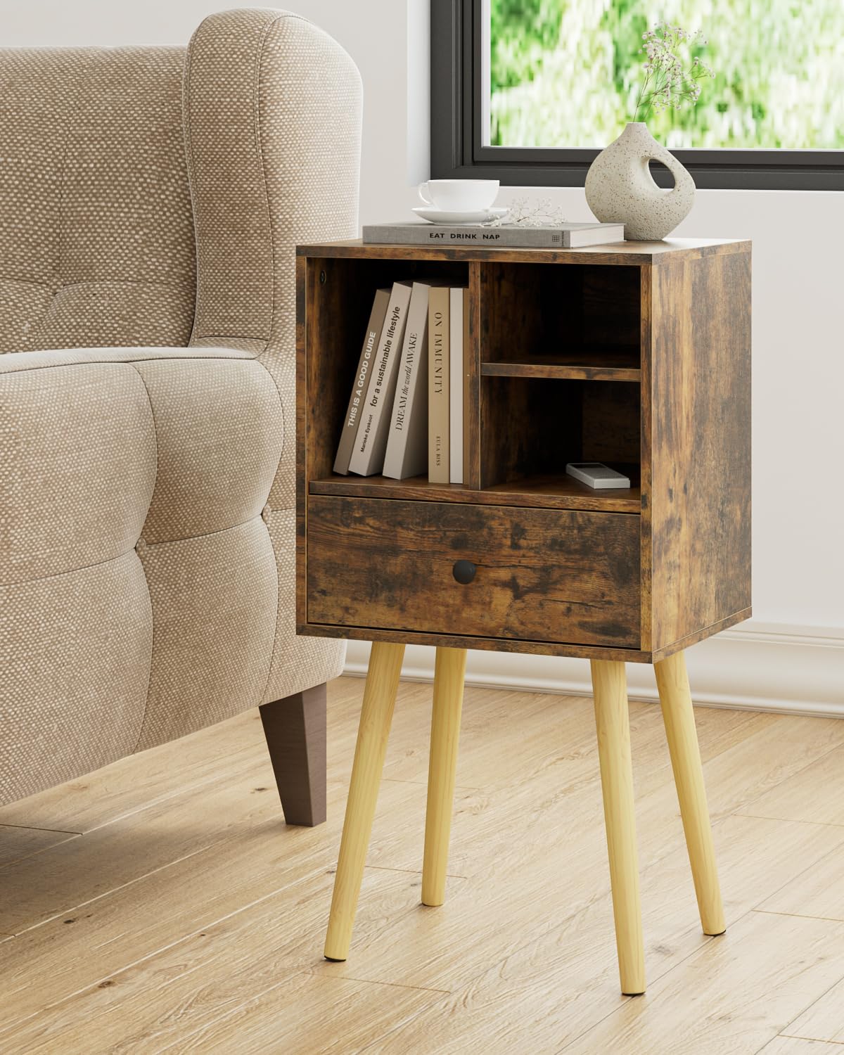 HEYZOEY Wooden Nightstand Mid-Century Modern Bedside Table, Rustic Brown - image 5