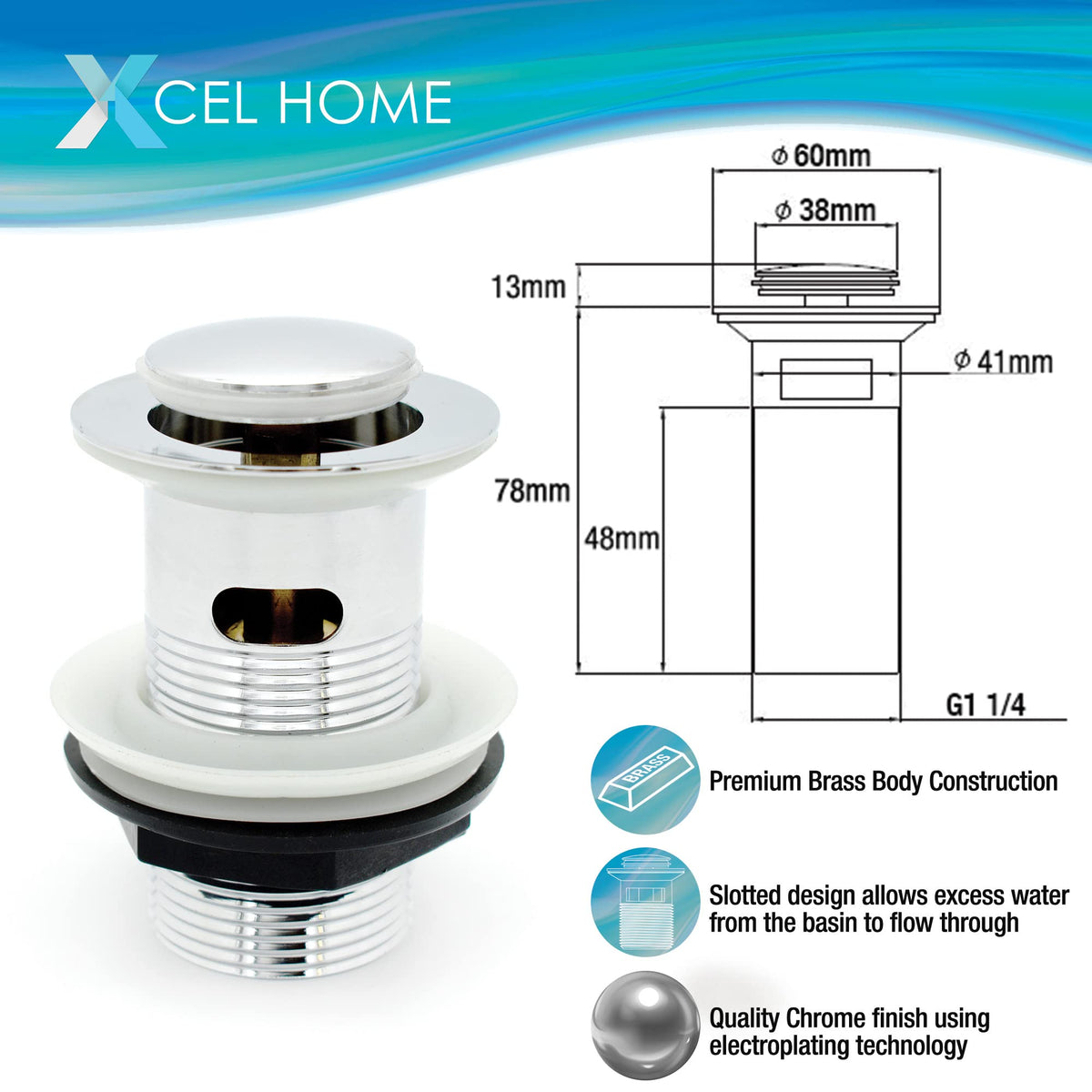 Xcel Home G 1 1/4" BSP Slotted Chrome Click Clack Basin Waste - image 3
