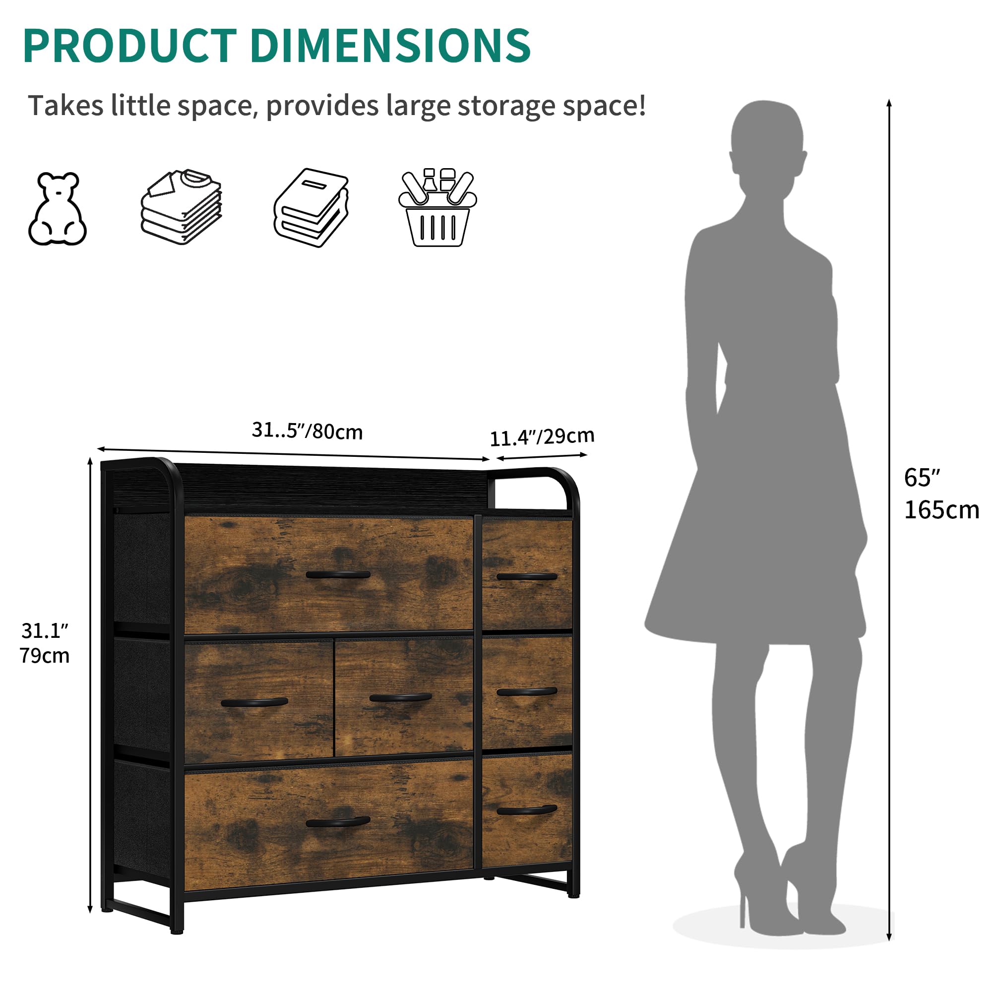 YITAHOME 7-Drawer Fabric Dresser | Metal Frame Storage Chest, Rustic Brown