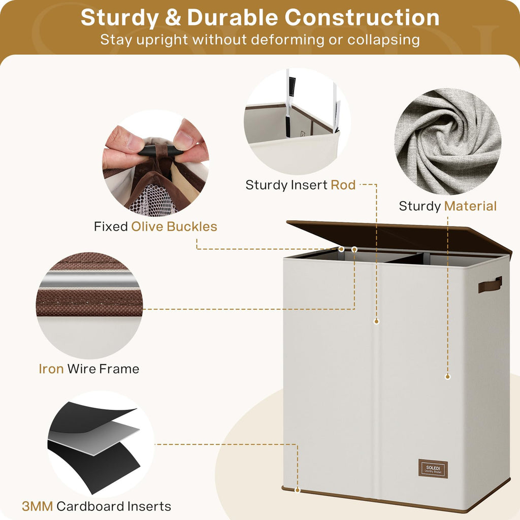 SOLEDI 145L Large Laundry Hamper with Lid | 2-Compartment Collapsible Basket