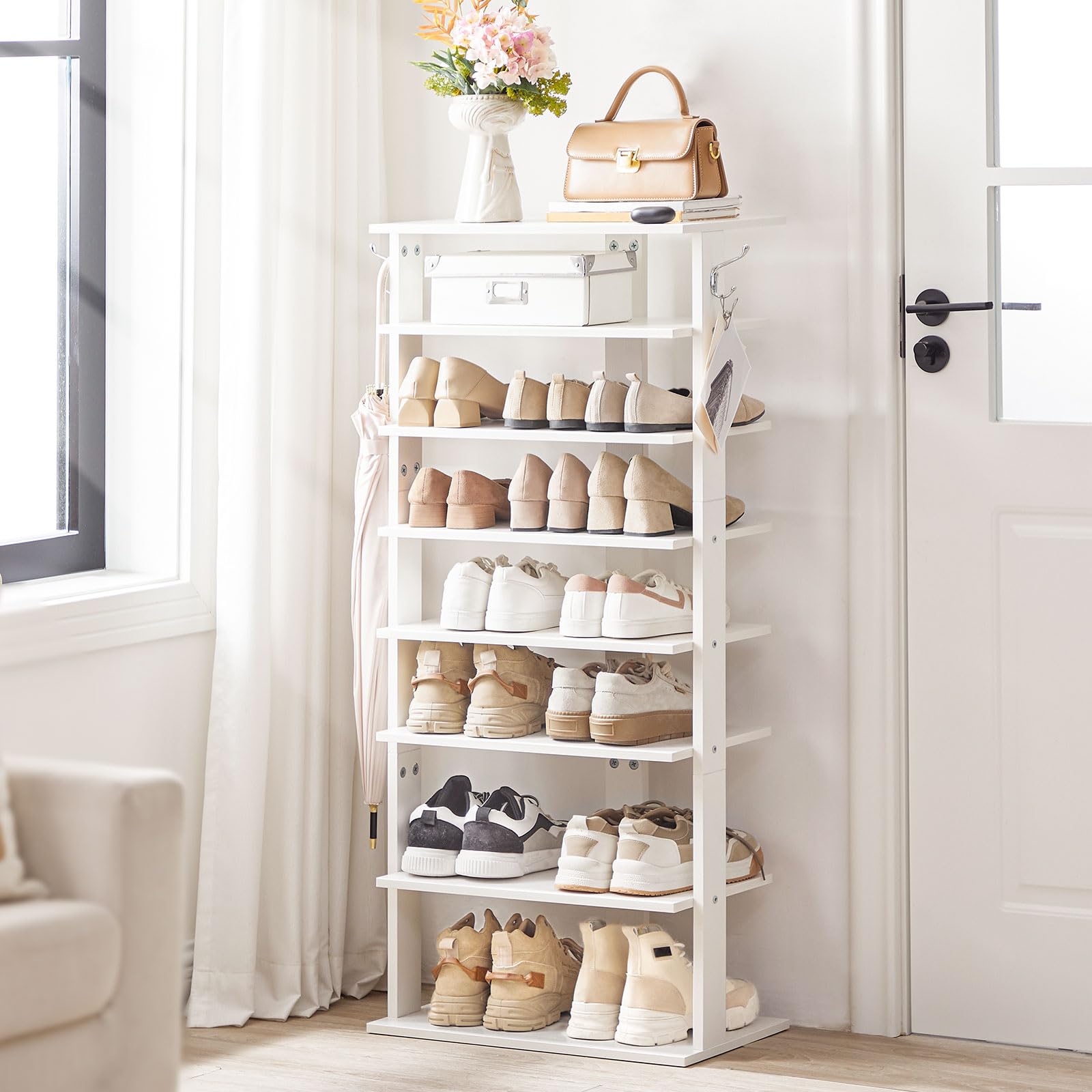 HOOBRO 8-Tier Narrow Shoe Rack – White Wooden Vertical Storage Tower