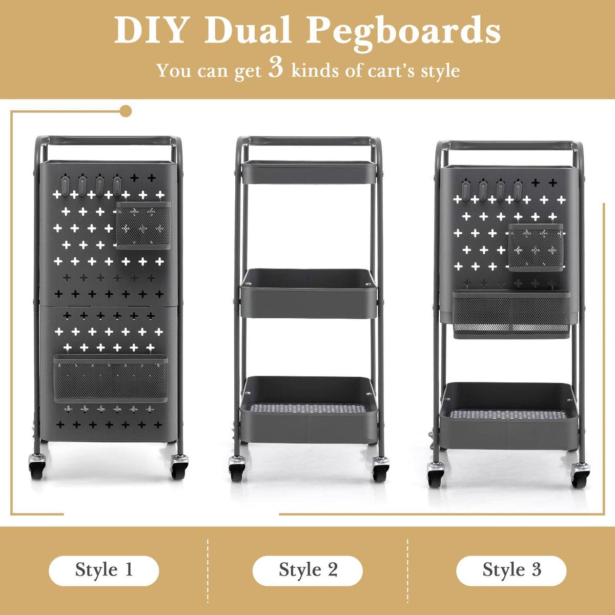 GiantexUK 3-Tier Storage Cart on Wheels, Metal Serving Trolley Grey - image 4