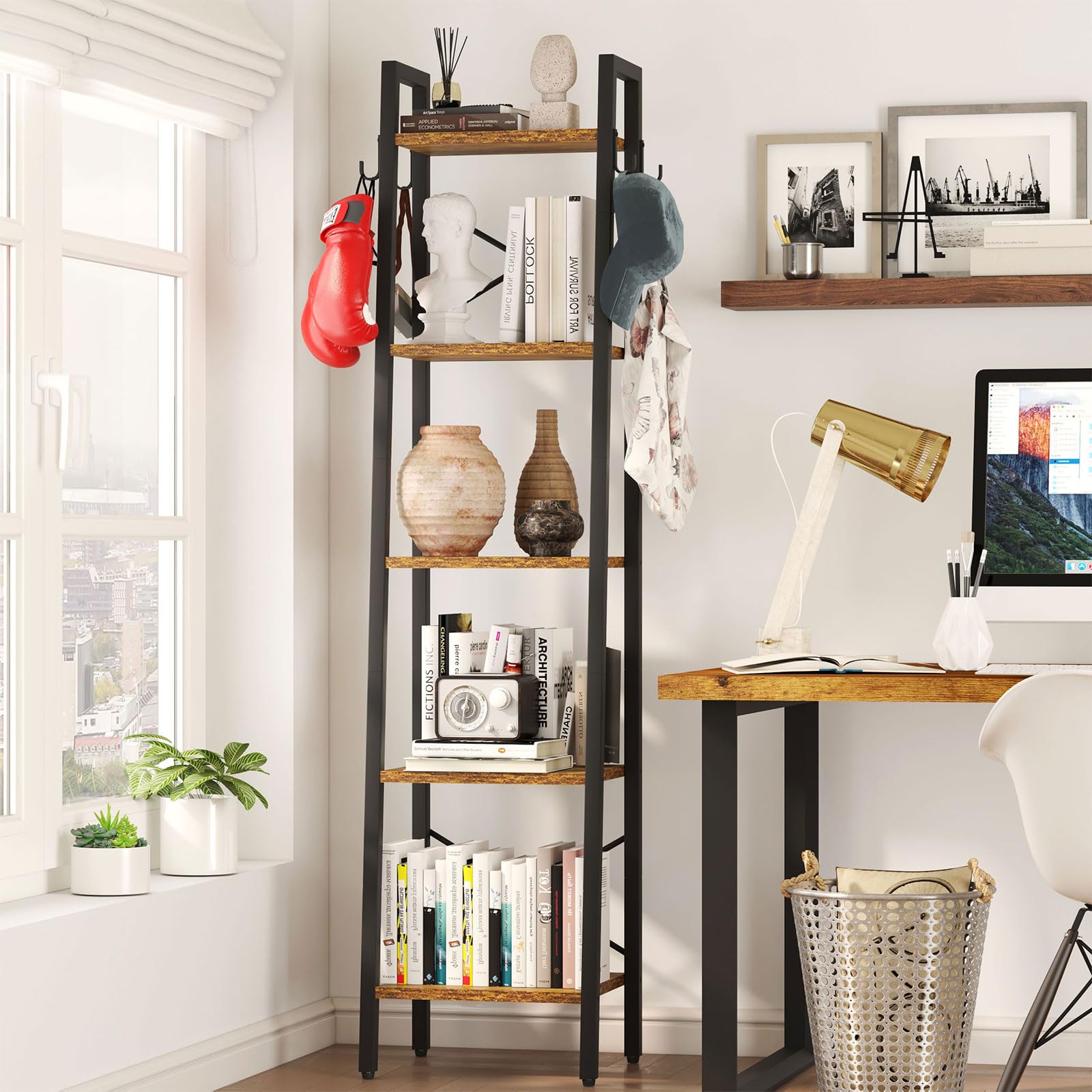 YMYNY 5-Tier Ladder Bookshelf | 160CM Industrial Storage Shelving Unit