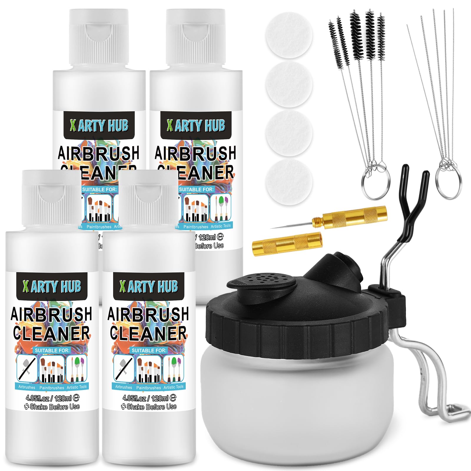 X ARTY HUB Airbrush Cleaning Kit | Glass Pot & 4x120ml Acrylic Cleaner
