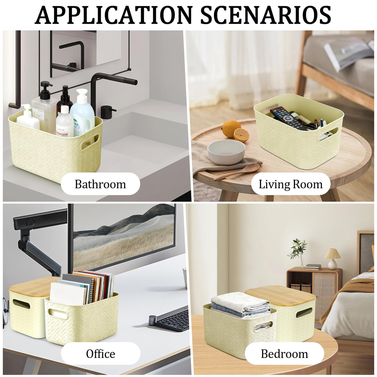 RWFMO 4 Pcs Plastic Beige Storage Baskets with Bamboo Lid for Bathroom - image 5
