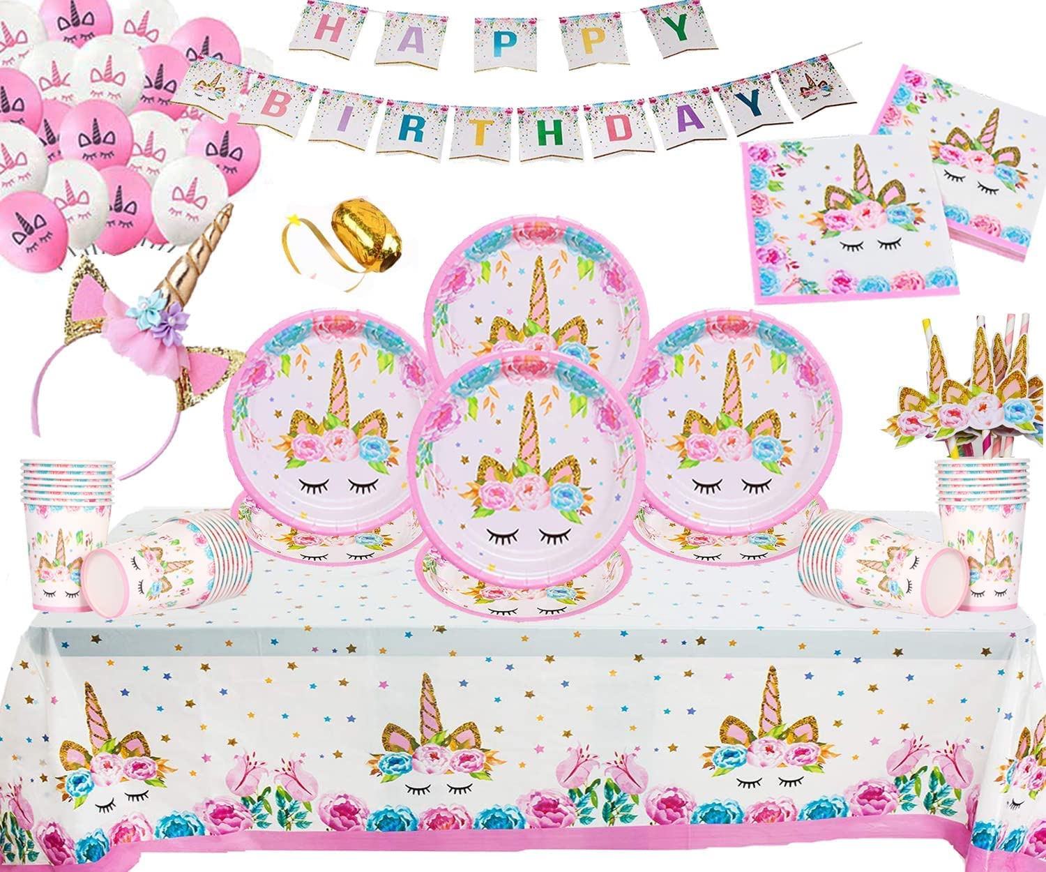 Jolof Store Unicorn Party Decoration Set - 16 Guest Tableware & Banner Kit