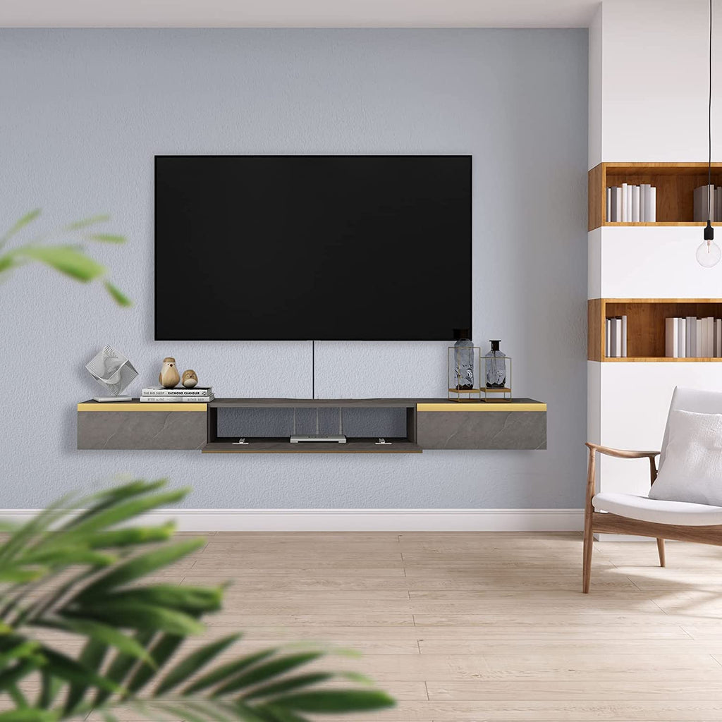 Pmnianhua Floating TV Unit, 59'' Wall Mounted TV Cabinet, Floating Shelves with 2 Drawers and 1 Door - image 3