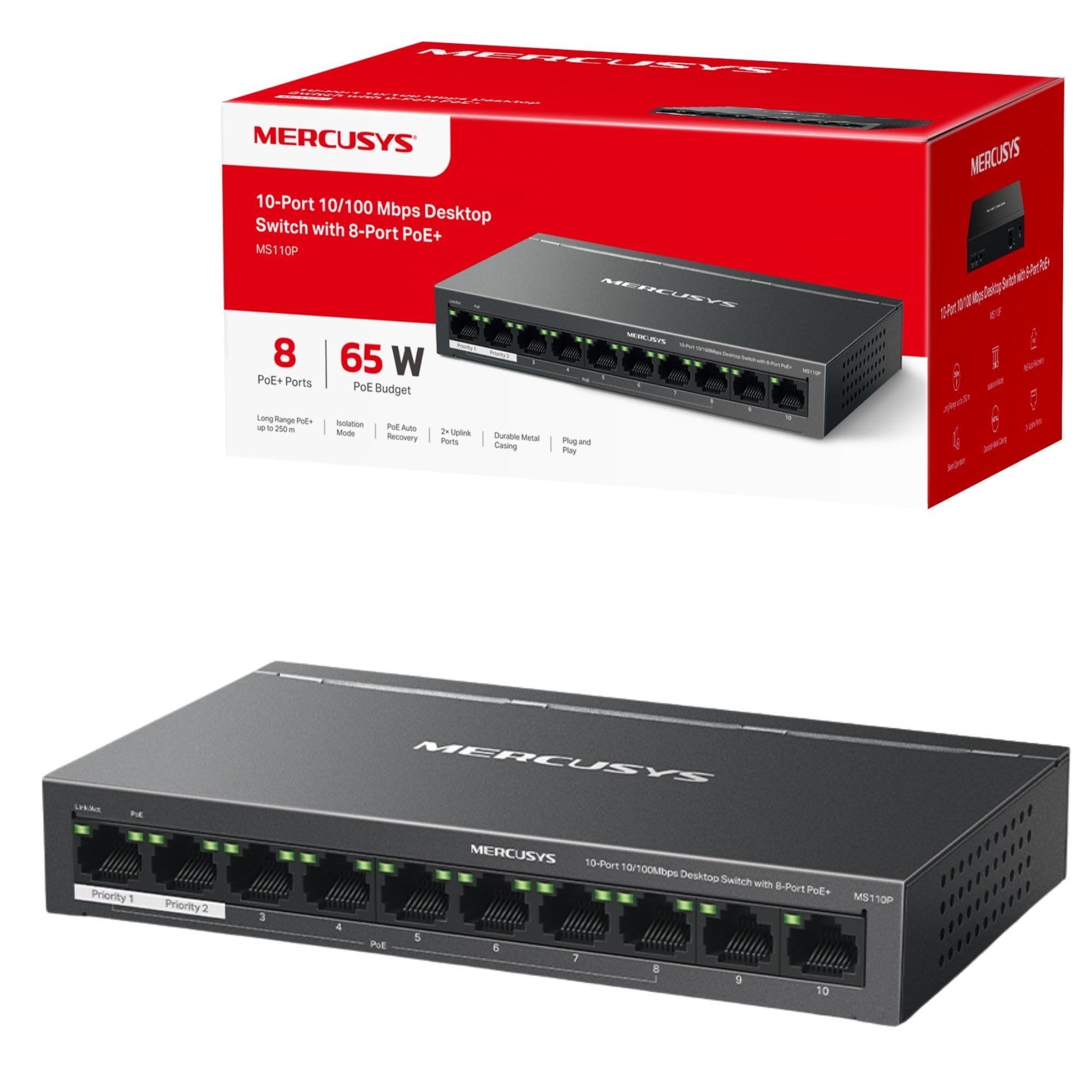 MERCUSYS 10-Port Desktop Switch | 8-Port PoE+ 65W Metal Case (MS110P)