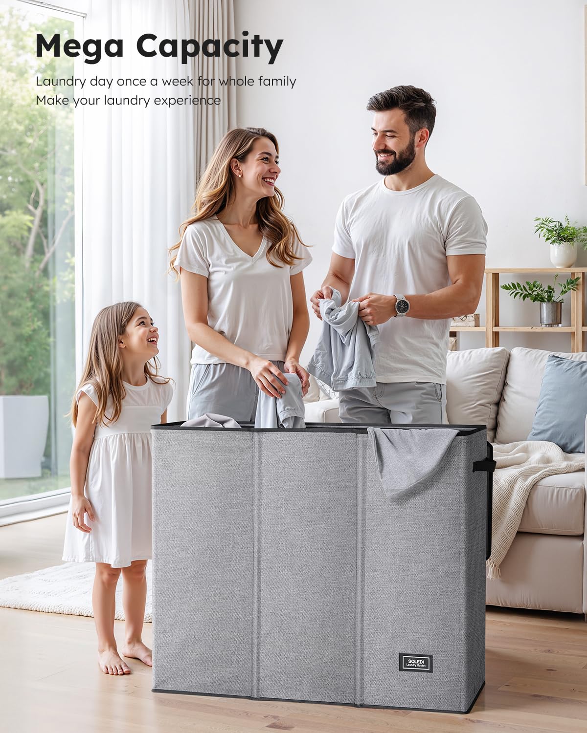 SOLEDI 180L Laundry Basket | 3 Section Large Hamper with Lid & Handles