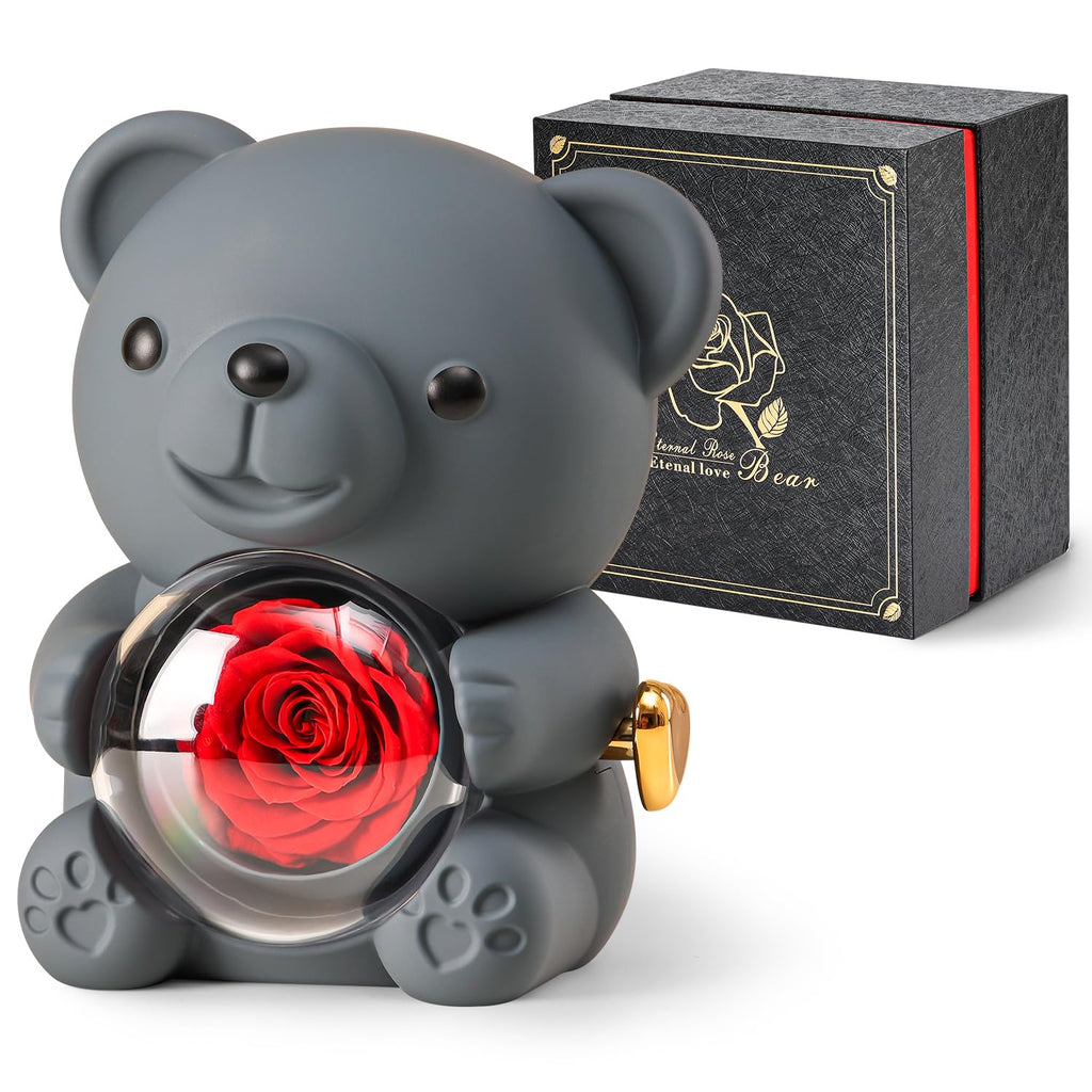 Ariceleo Teddy Bear with Preserved Rose, Jewelry Box & Necklace – Grey