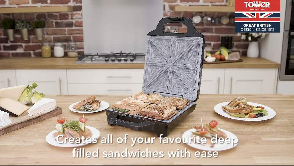 Tower T27021 4 Slice Deep Fill Sandwich Maker | 1600W Non-Stick - Black
