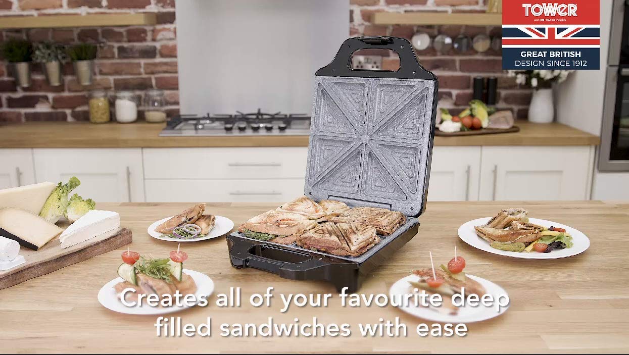 Tower T27021 4 Slice Deep Fill Sandwich Maker | 1600W Non-Stick - Black