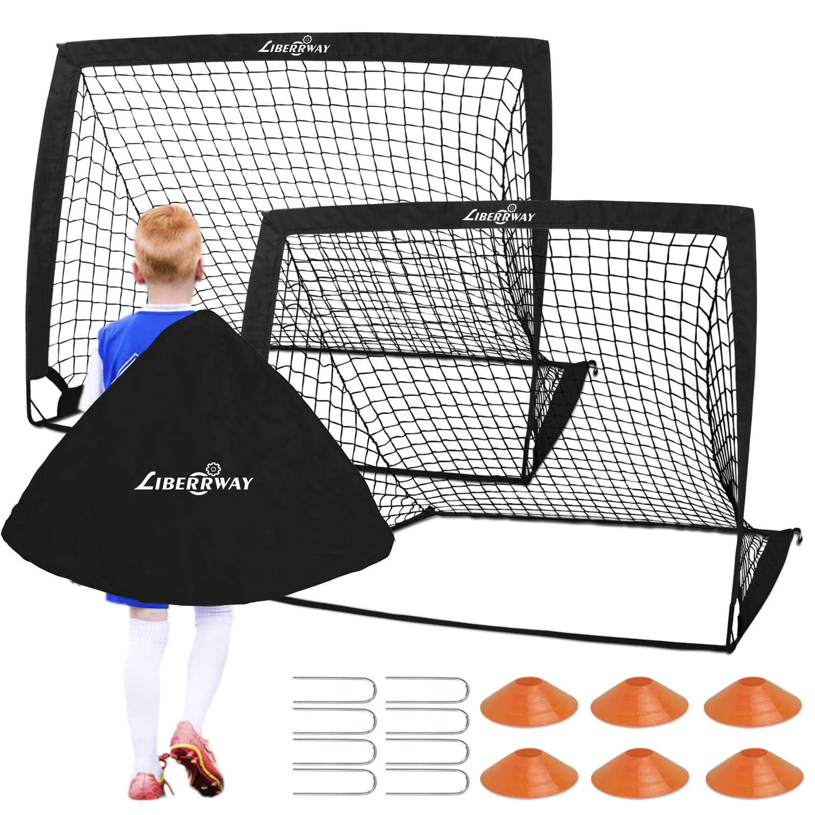 LIBERRWAY 4'x3' Foldable Football Goals for Kids - Set of 2 Portable Nets