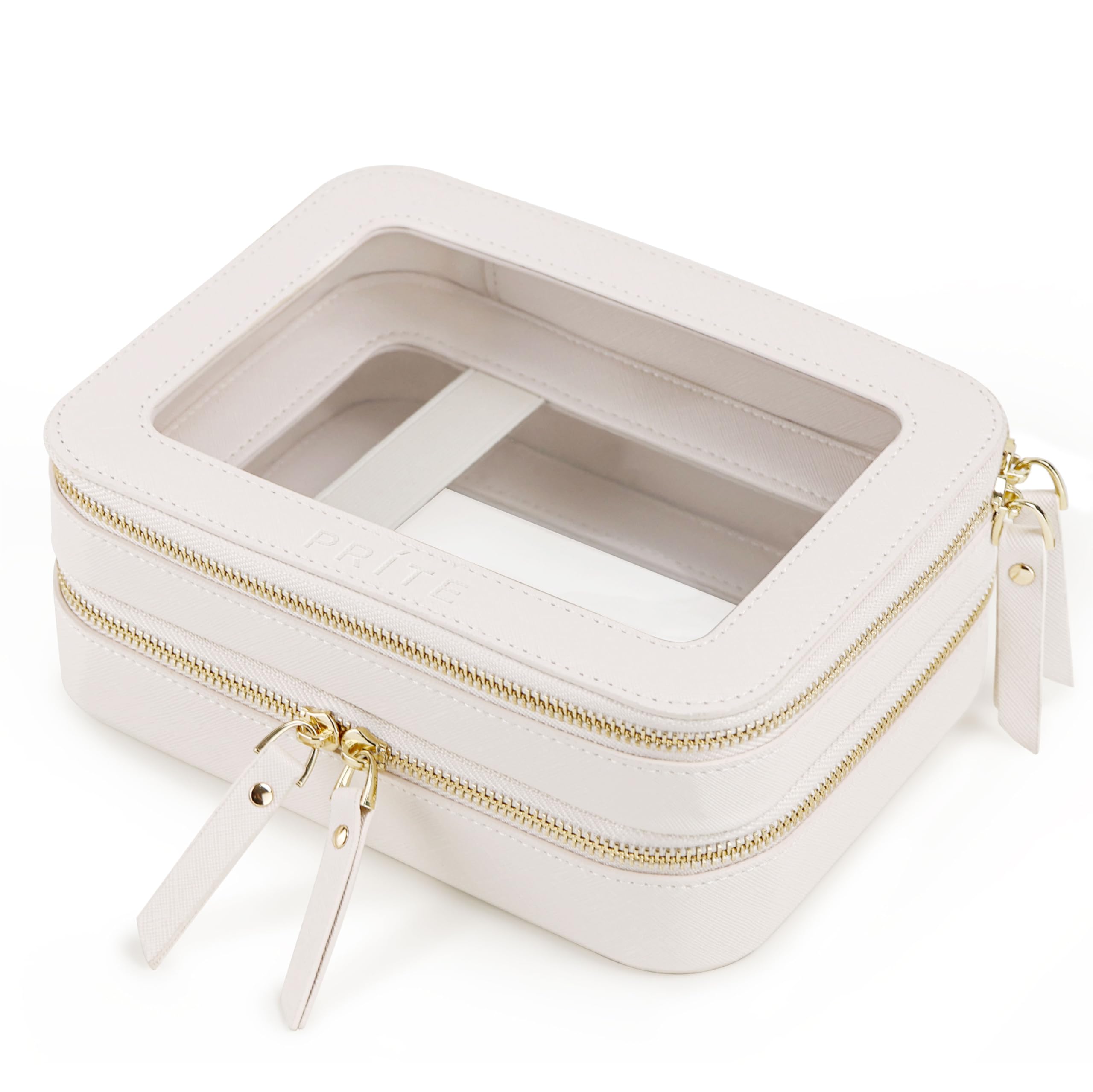 Prite Large Clear Makeup Bag | Double Layer Travel Toiletry Case - Beige