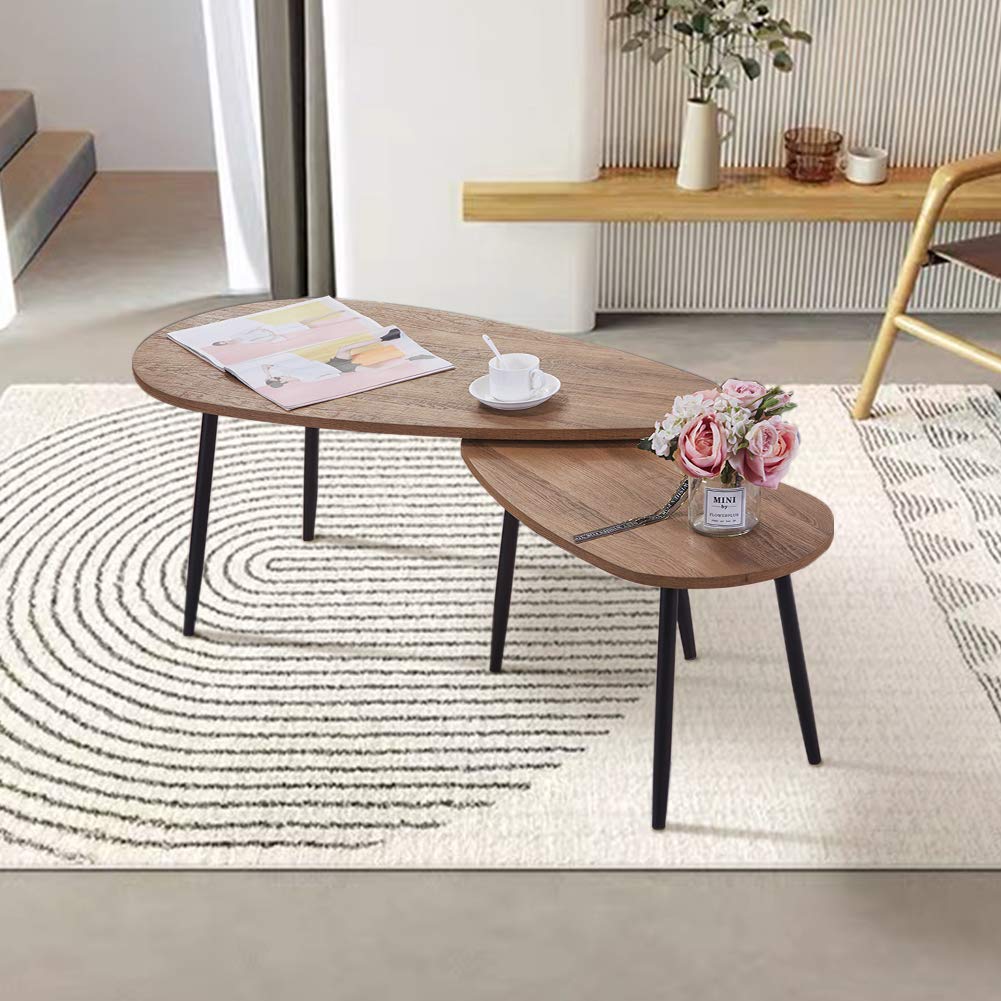GOLDFAN Triangle Nesting Coffee Table Set of 2 - Walnut & Black Metal