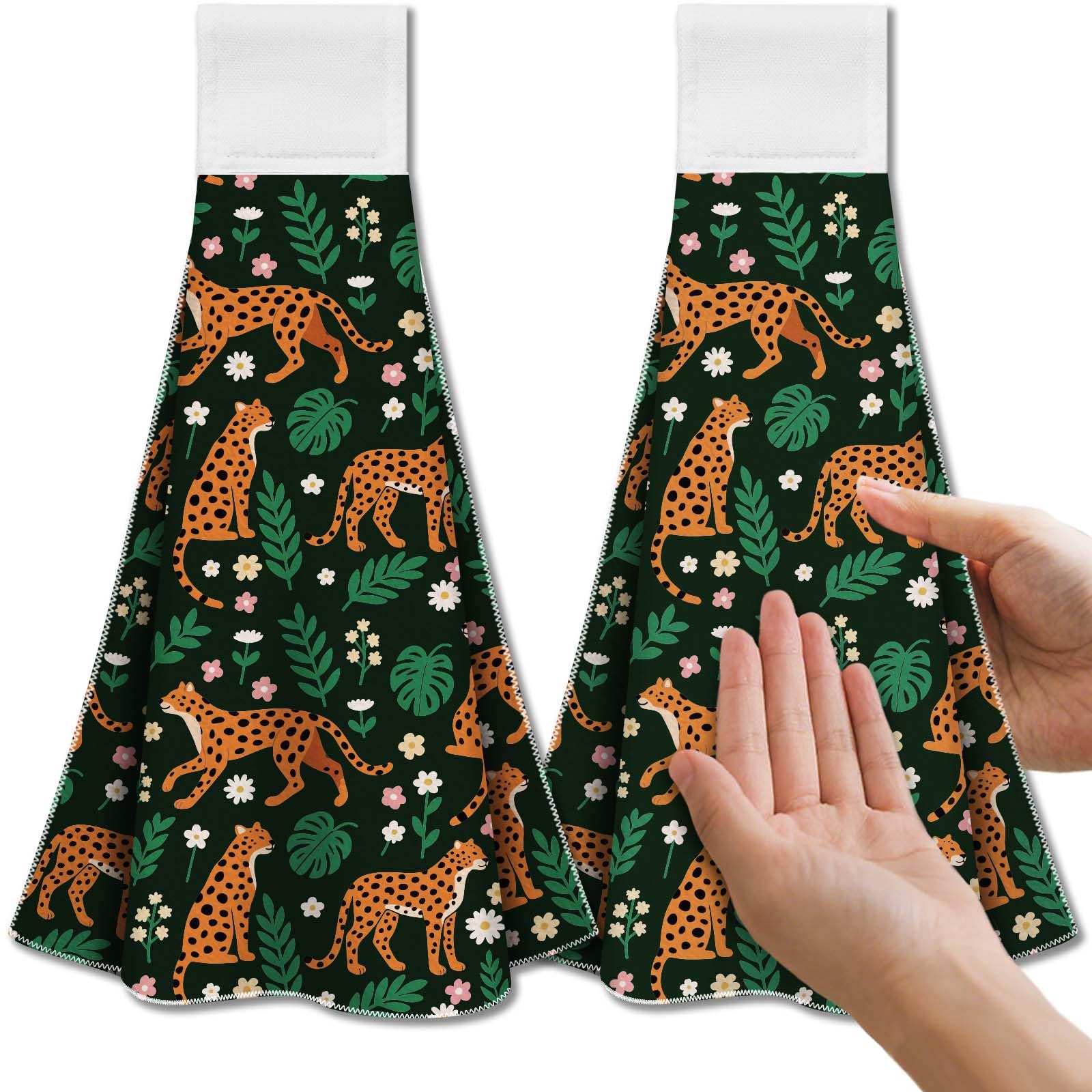 CUTHOLLOW Cheetah & Flowers Microfiber Tea Towels with Loop, Set of 2