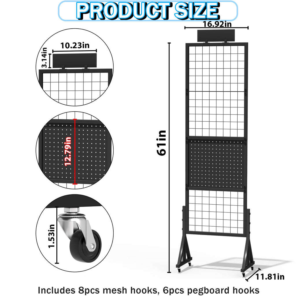 Alyoen Grid Wall Panels, Gridwall Panel Display Stand with Notice Board, Movable 5.1 x 1.4 Ft Floorstanding Wire Grid Rack