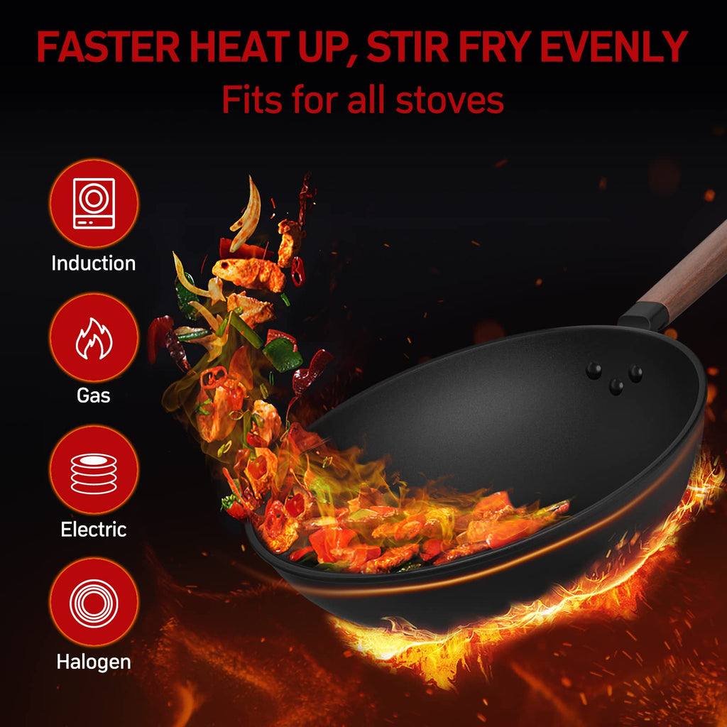 Jobin Pre-Seasoned Carbon Steel Wok with Lid – 33cm Non-Stick Stir Fry Pan