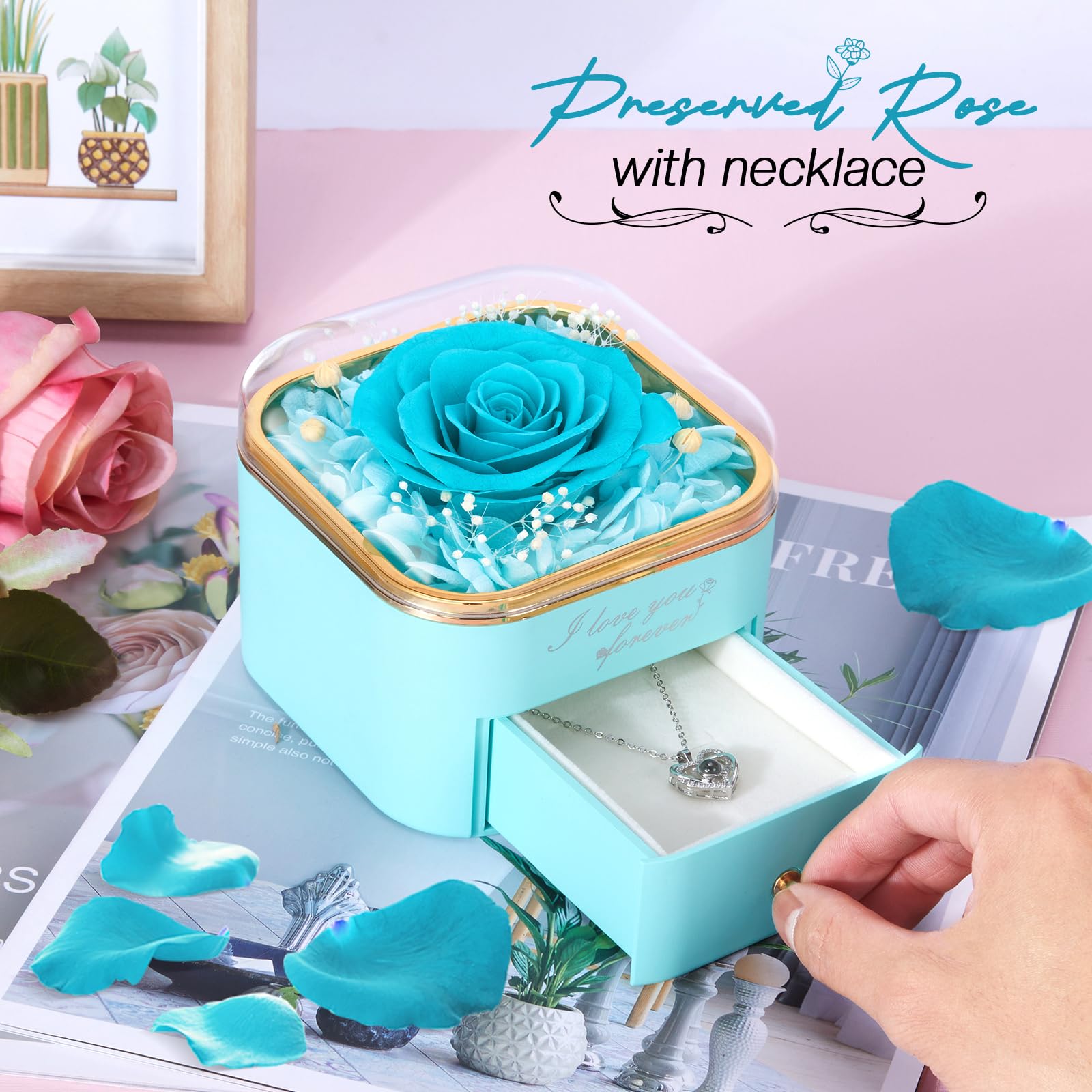 Firestyle Preserved Light Blue Real Rose with 100 Languages Necklace