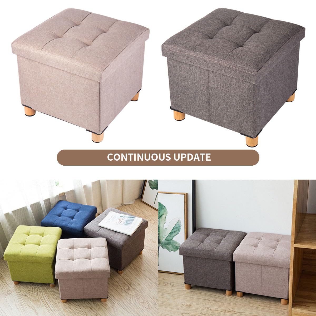 BRIAN & DANY Folding Storage Ottoman – Linen Foot Stool with Wood Legs