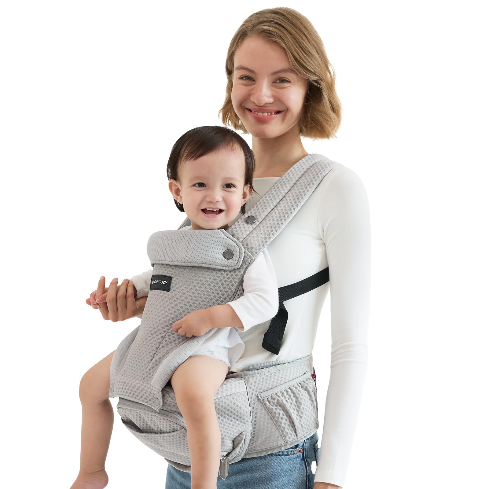 Momcozy 2-in-1 Baby Carrier with Hip Seat – Breathable AirMesh Grey