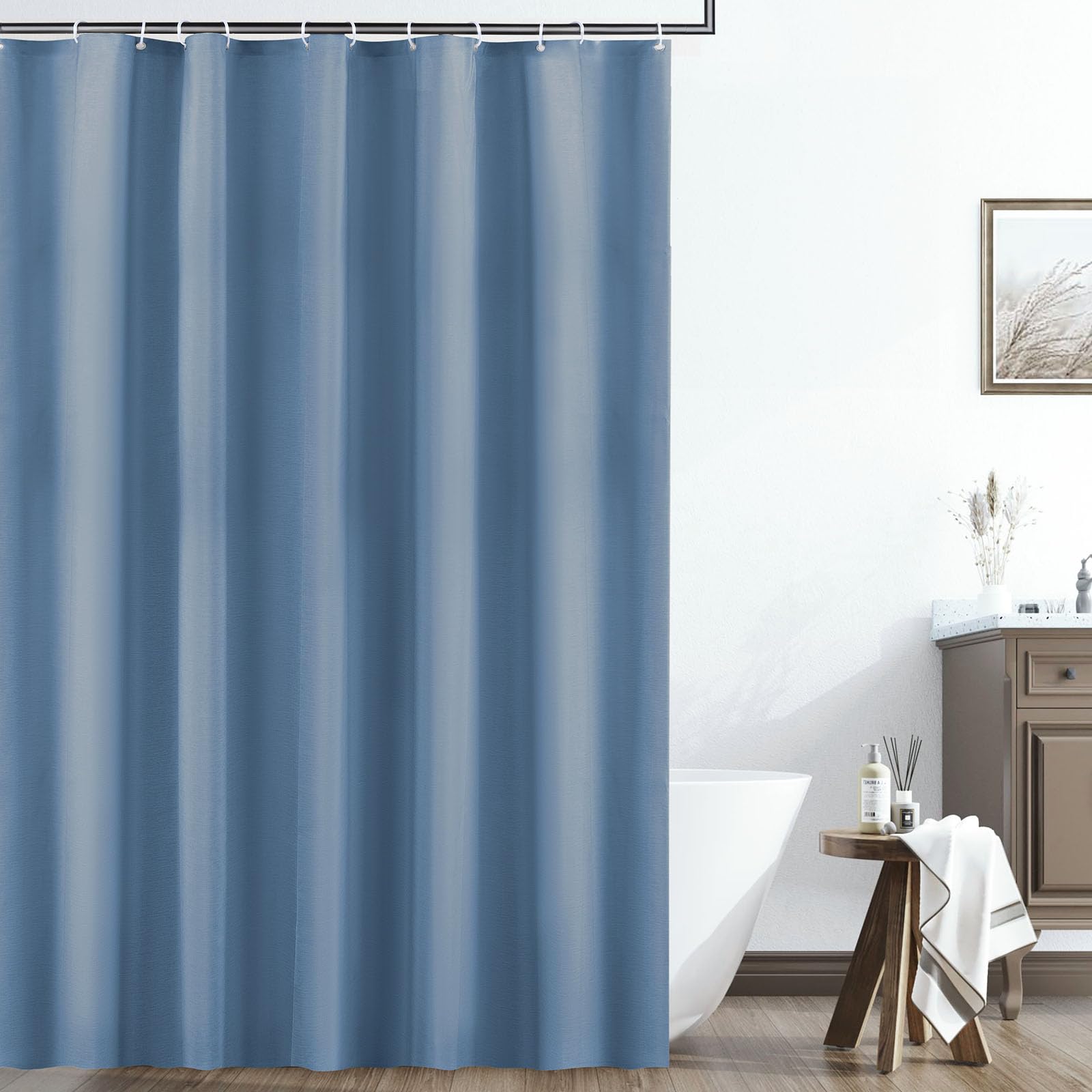 EZESO Blue Linen Shower Curtain | 230GSM Weighted Waterproof Fabric
