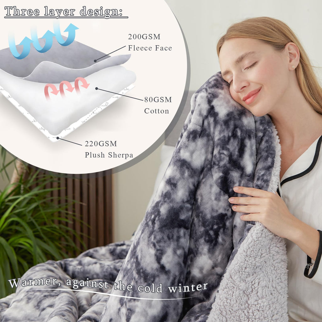 CHOSHOME Sherpa Fleece Throw Blanket – Dark Grey Tie-Dye Fuzzy Bedspread