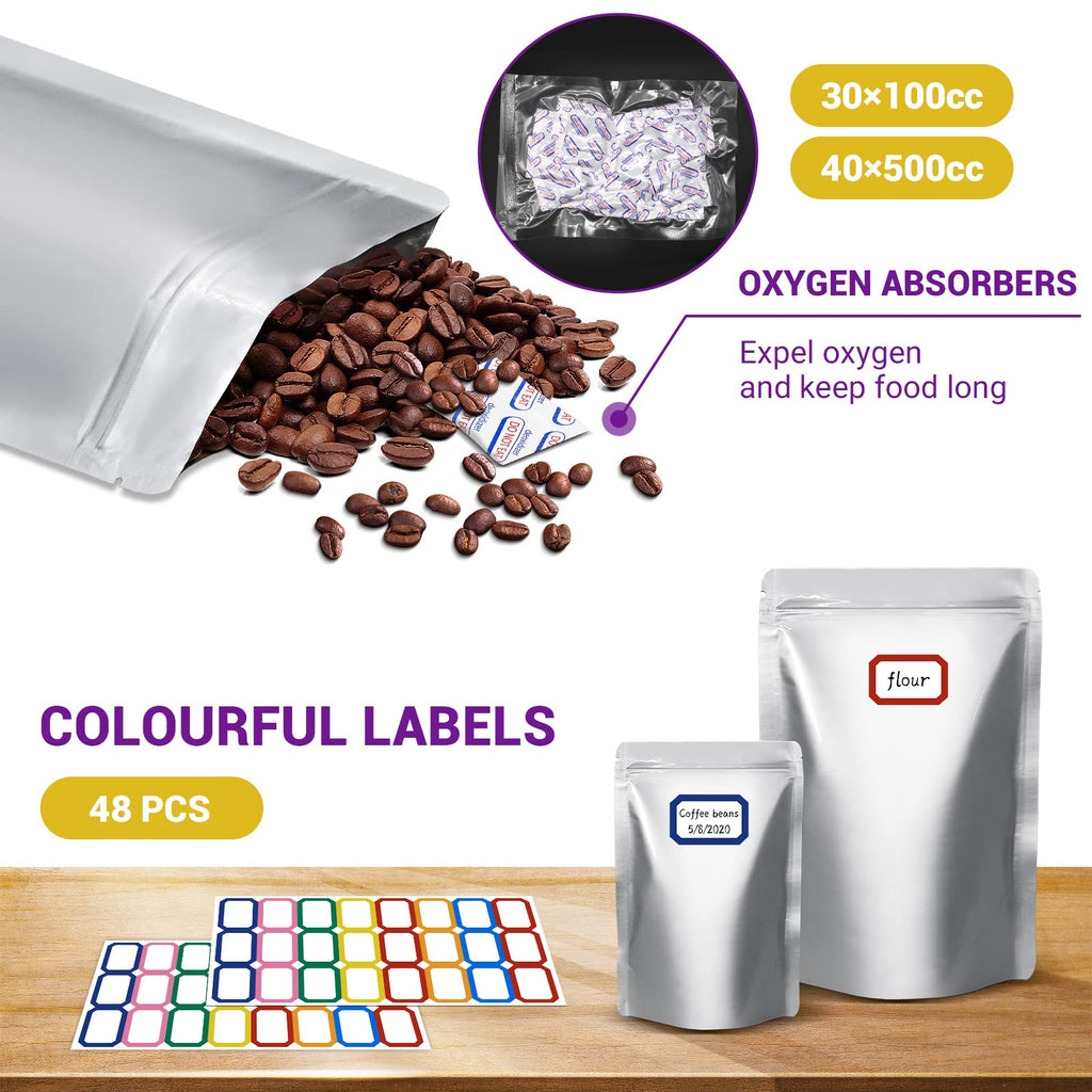 Jolof Store Mylar Bags for Food Storage with Oxygen Absorbers - 50 Pack