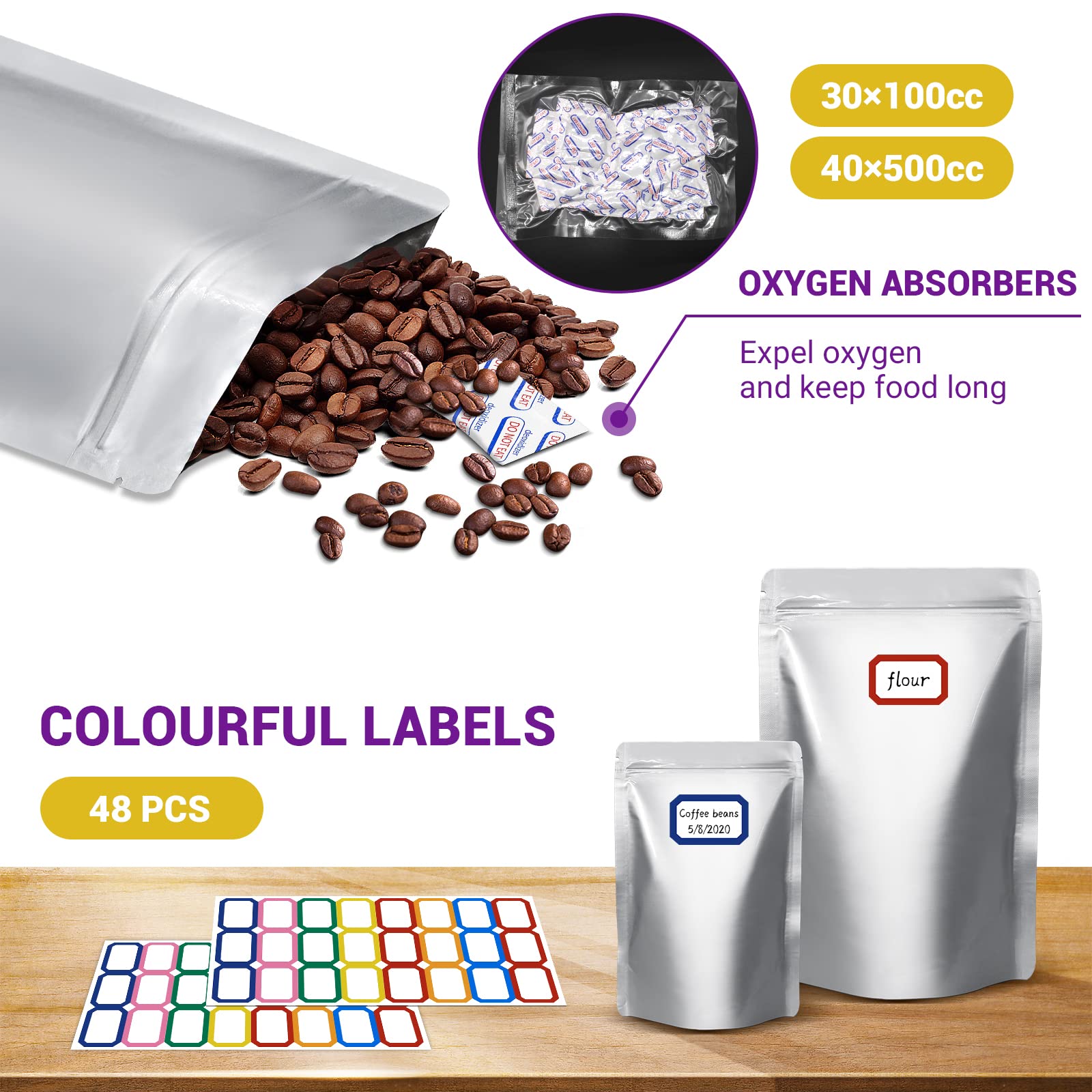 Jolof Store Mylar Bags for Food Storage with Oxygen Absorbers - 50 Pack