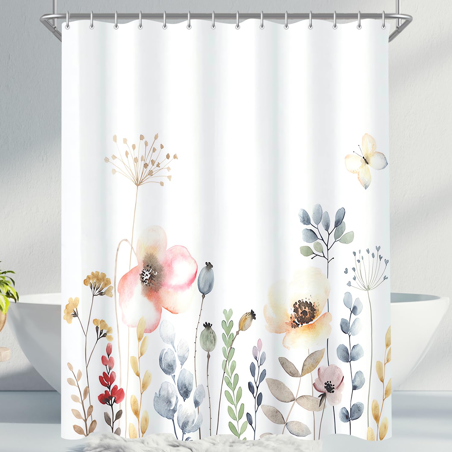 Lerores Floral Shower Curtain - 120x200cm Anti-Mould Weighted Polyester
