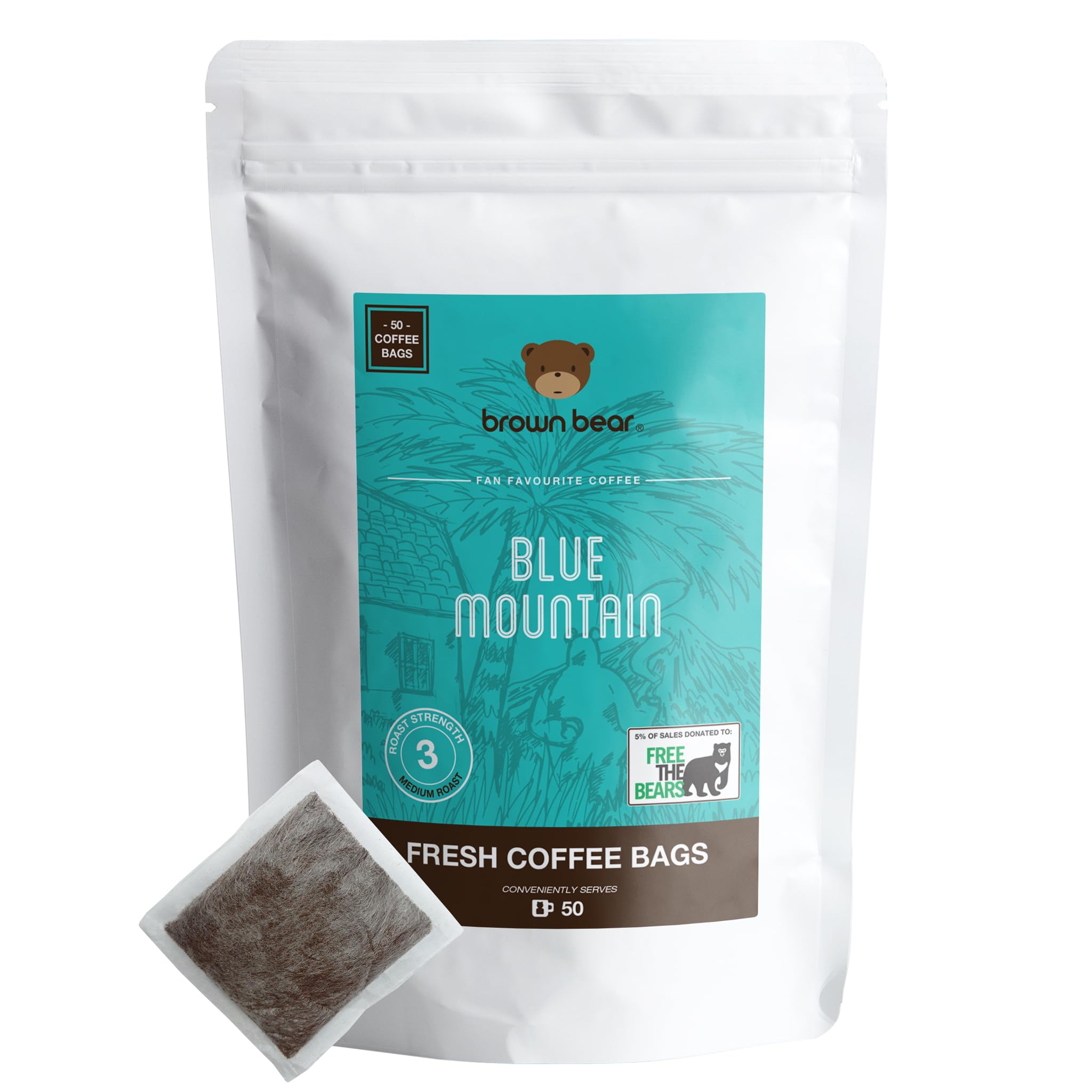 Brown Bear Blue Mountain Medium Roast Arabica Coffee Bags - 50 Pack