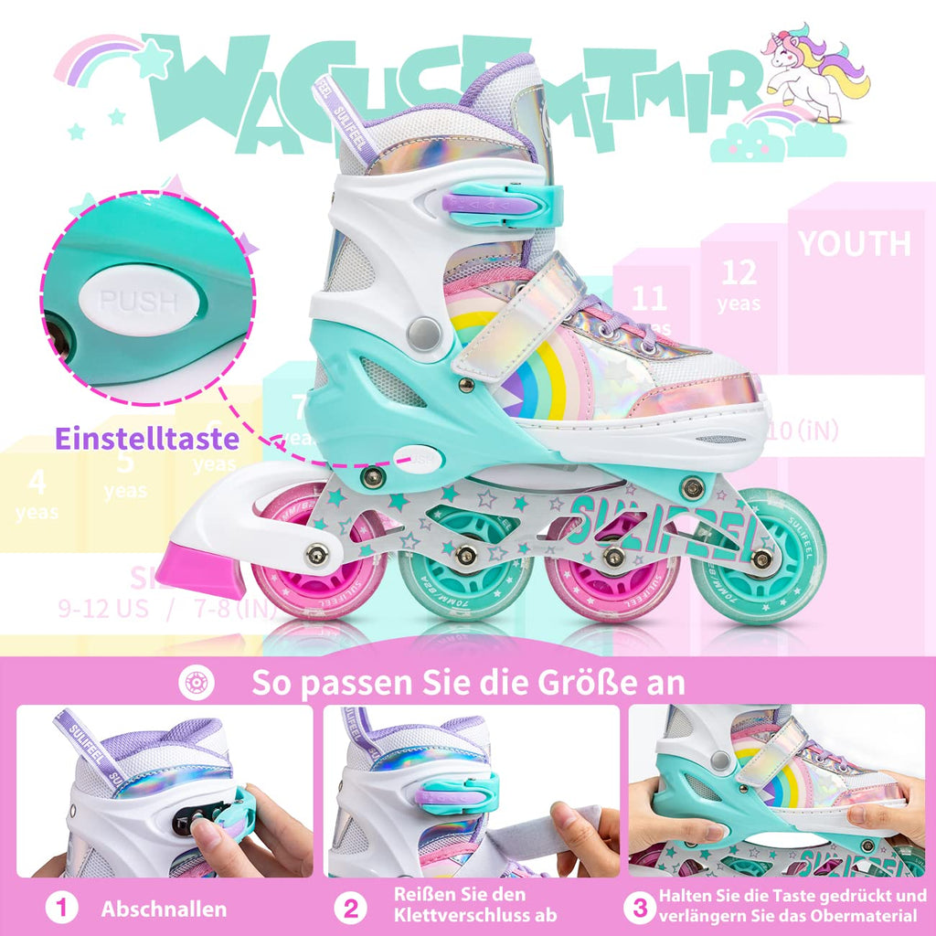 SULIFEEL Rainbow Unicorn Light Up Inline Skates for Kids - Adjustable