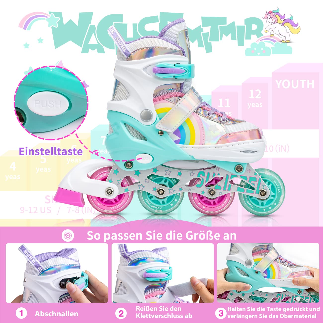 SULIFEEL Rainbow Unicorn Light Up Inline Skates for Kids - Adjustable