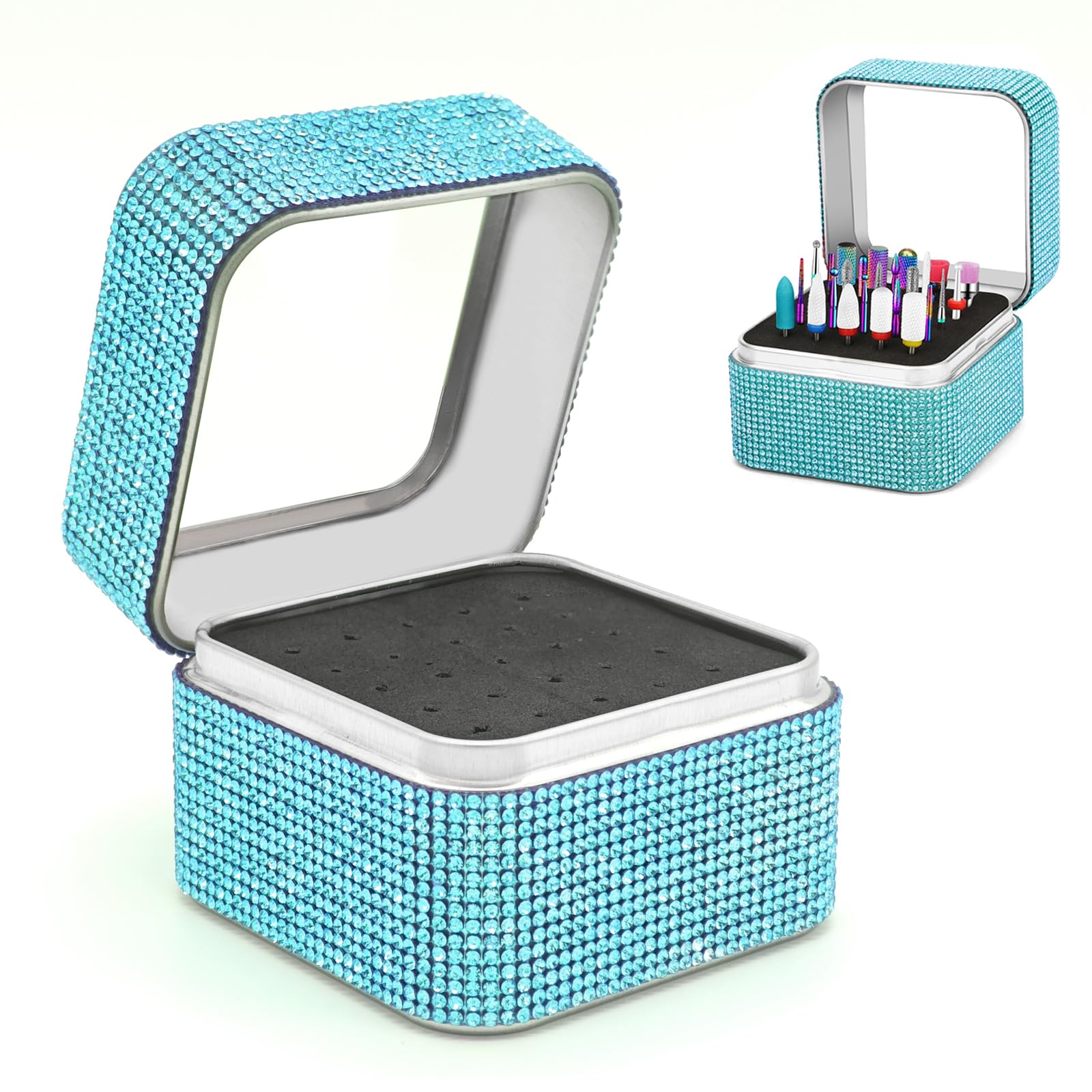 Jolof Store Rhinestone Nail Drill Bit Holder - 25 Hole Aluminum Case