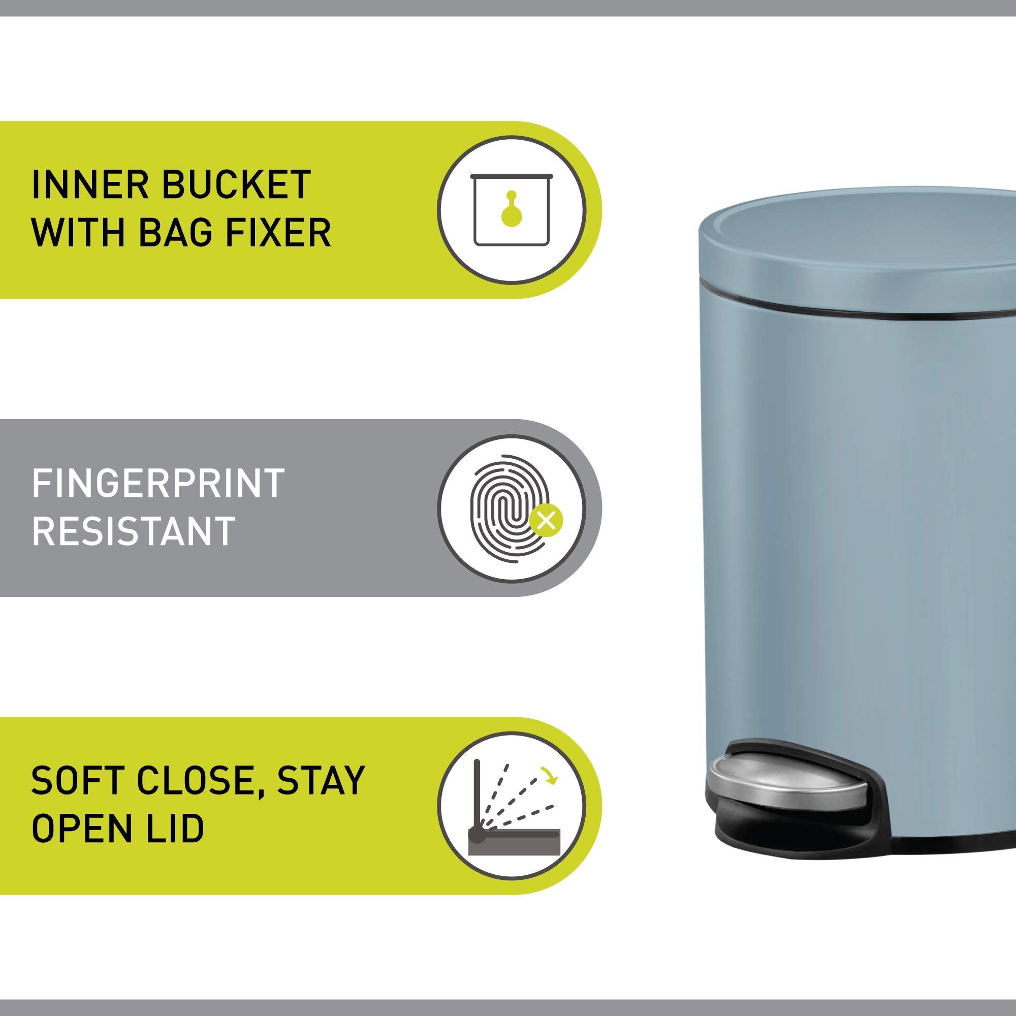 EKO Eva 5L Pedal Bathroom Bin | Soft Close Lid - Titanium Blue