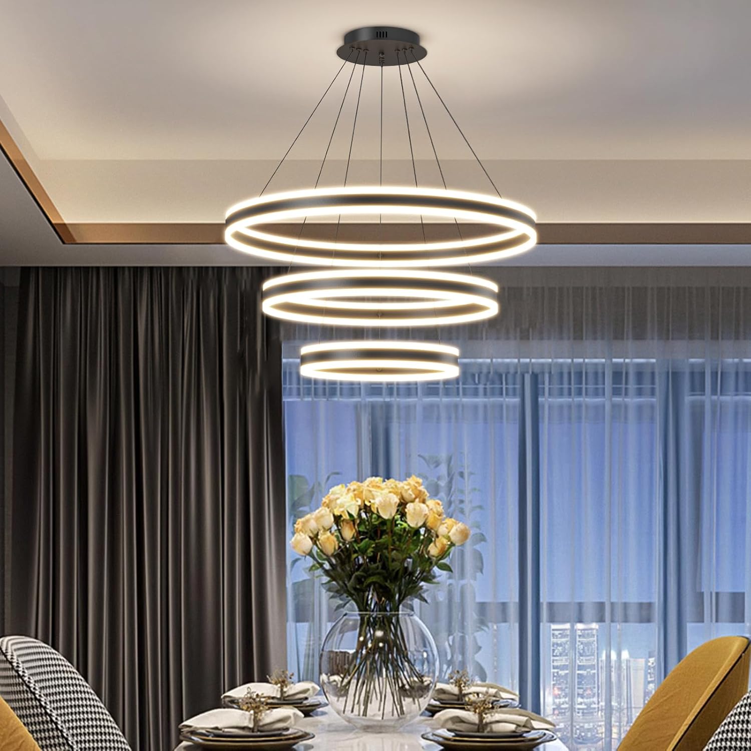 Mikeru 3-Ring LED Pendant Light – Dimmable Modern Chandelier, 20+40+60cm